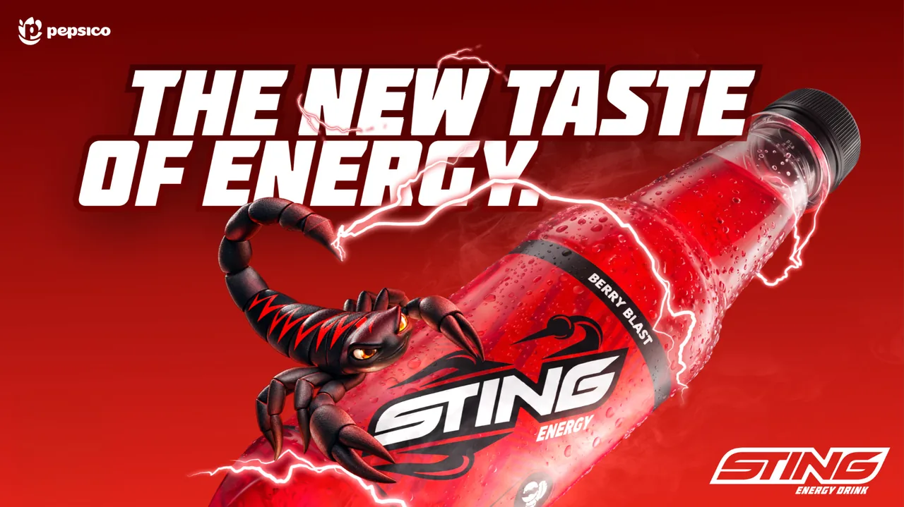 Sting Energy Berry Blast bottle with a scorpion and lightning. The new taste of energy.